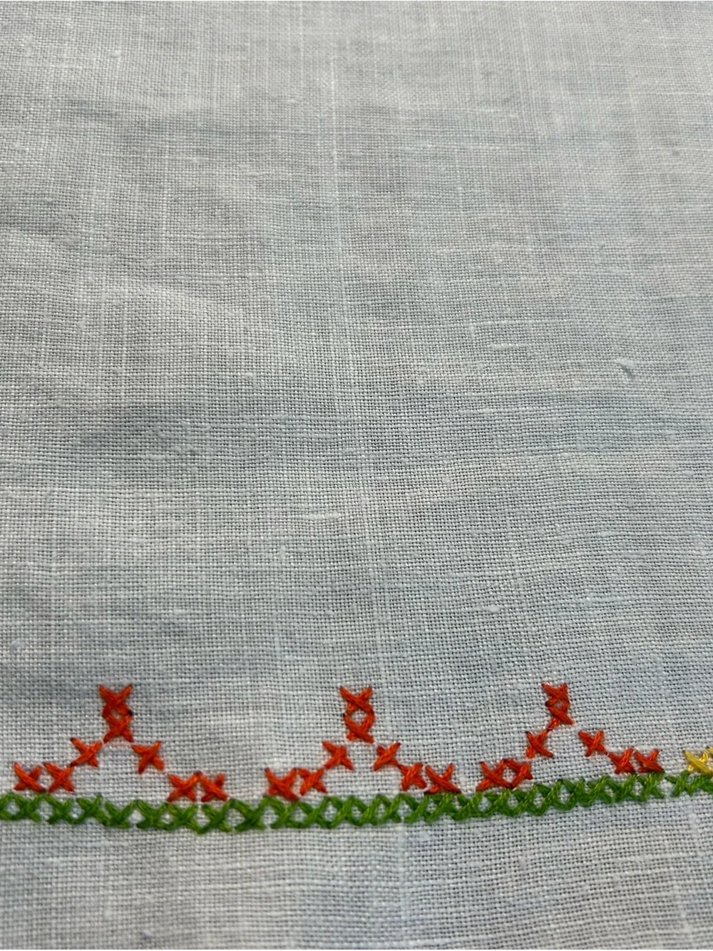 Vintage Linen Hand-Cross Stitched Tablecloth, Scalloped, Autumn Leaves,  82-67